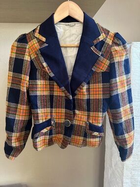 Vintage-Inspired Plaid Women's Blazer Jacket in Navy & Orange
